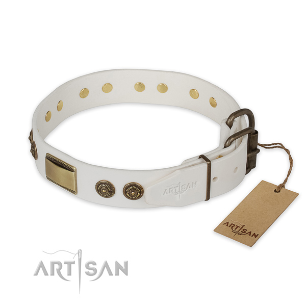 Rust resistant hardware on full grain natural leather collar for stylish walking your doggie