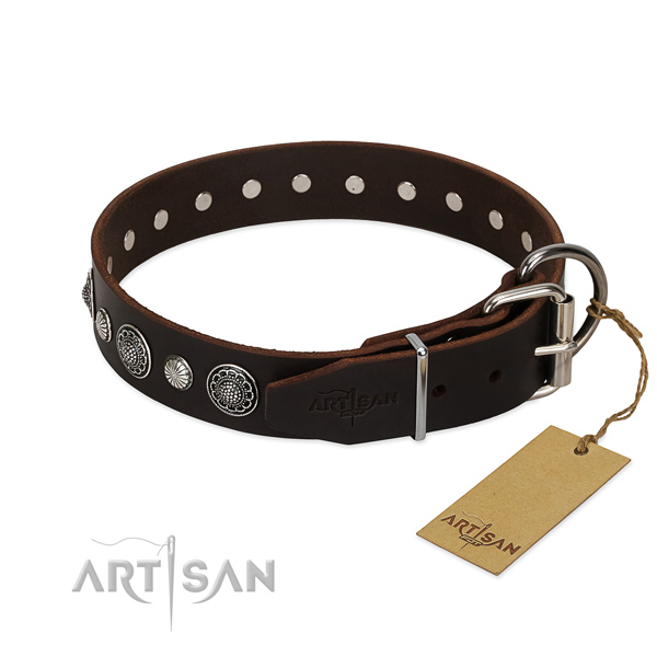 Durable leather dog collar with corrosion resistant hardware