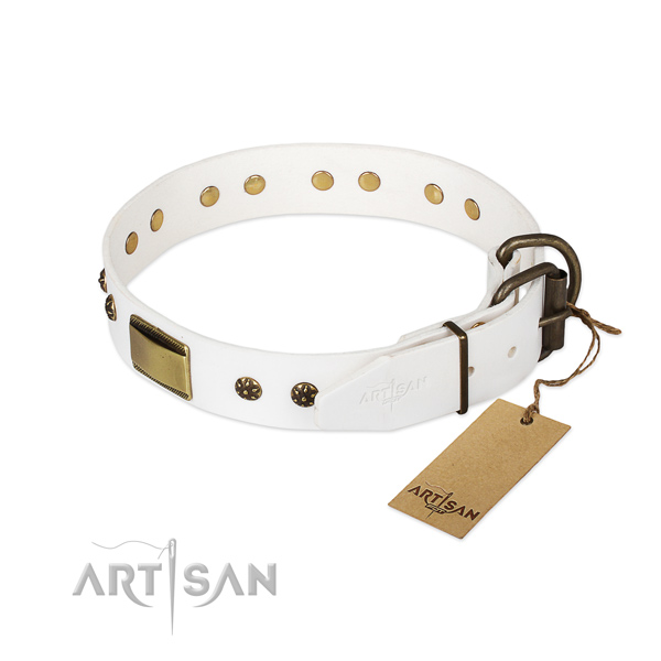 Genuine leather dog collar with corrosion resistant D-ring and decorations