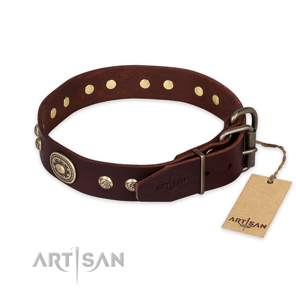 Strong D-ring on full grain leather collar for stylish walking your pet