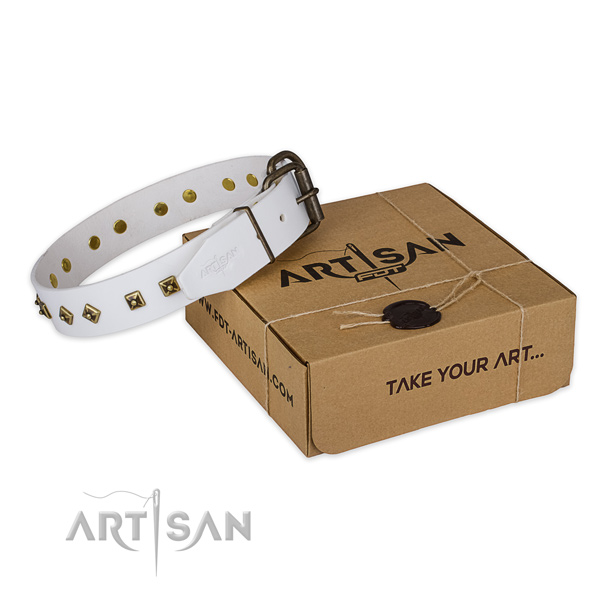 Durable traditional buckle on genuine leather dog collar for fancy walking