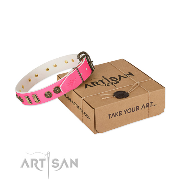 Corrosion proof buckle on full grain natural leather dog collar for your four-legged friend
