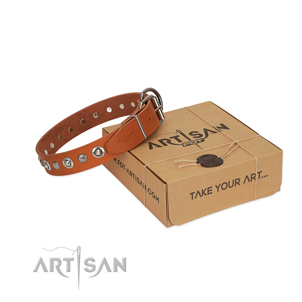 Reliable full grain natural leather dog collar with significant decorations