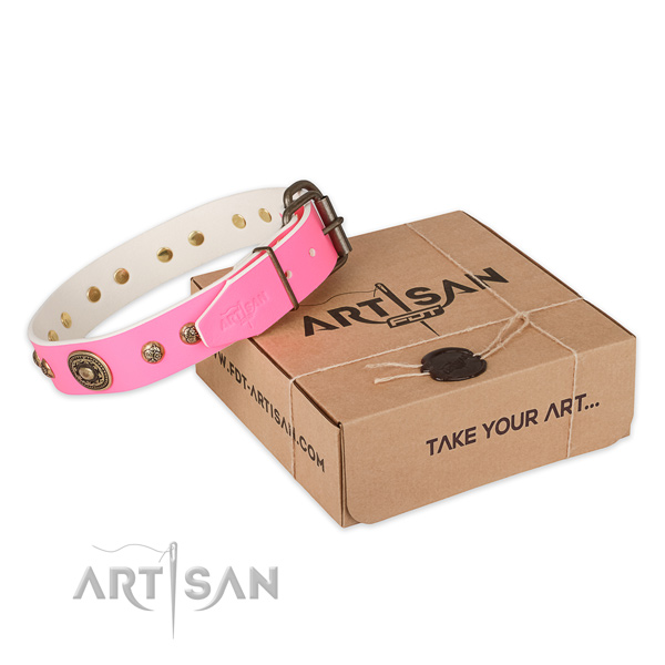 Corrosion resistant buckle on leather dog collar for handy use