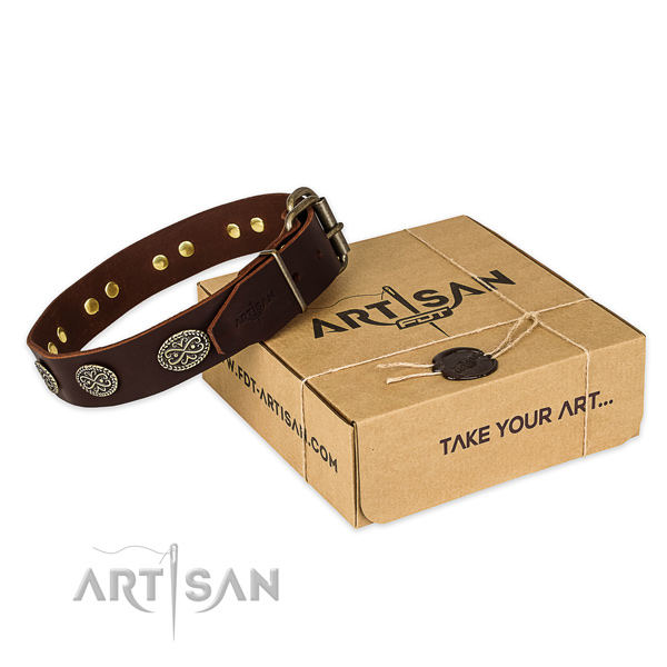 Durable buckle on full grain natural leather collar for your impressive pet