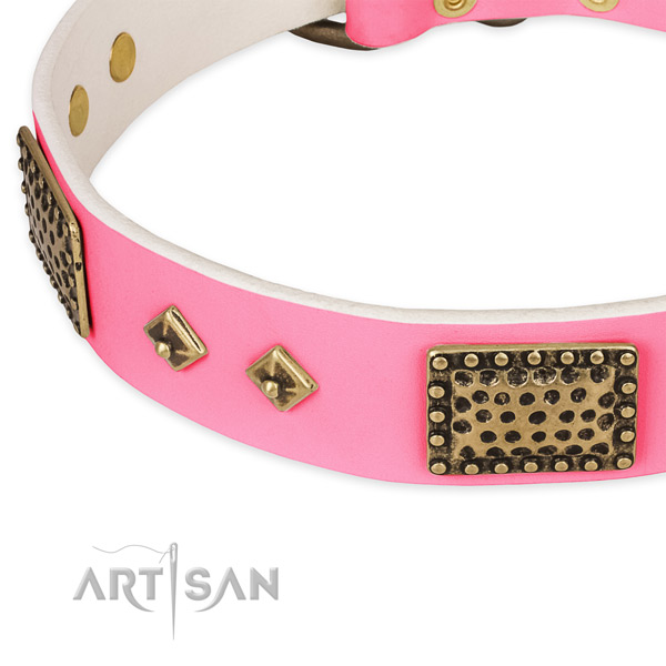 Full grain genuine leather dog collar with decorations for walking