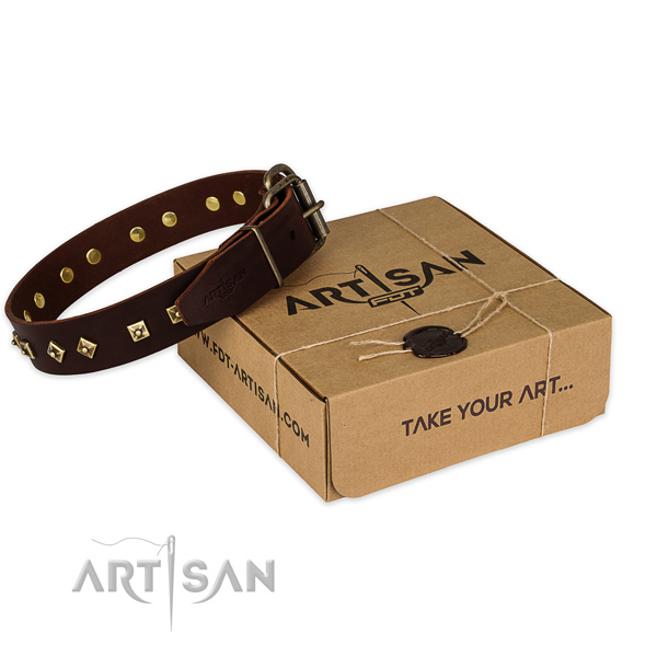 Corrosion proof fittings on genuine leather dog collar for comfy wearing
