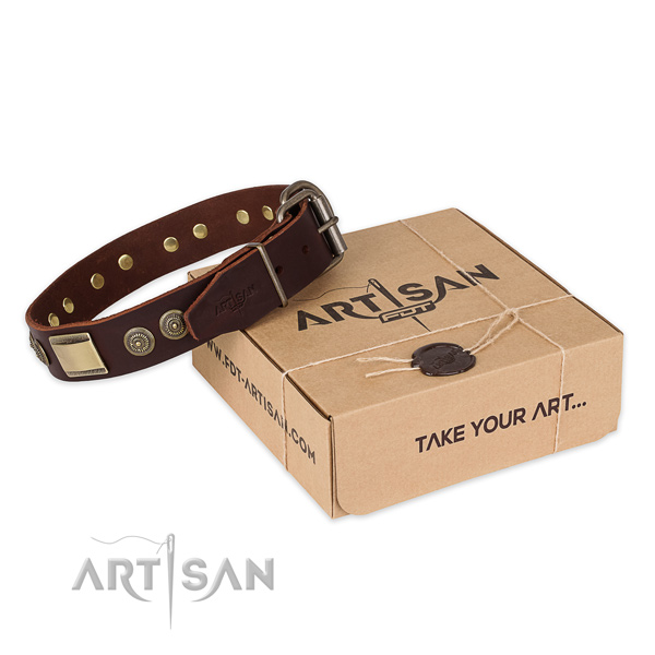 Corrosion proof hardware on natural genuine leather dog collar for comfortable wearing