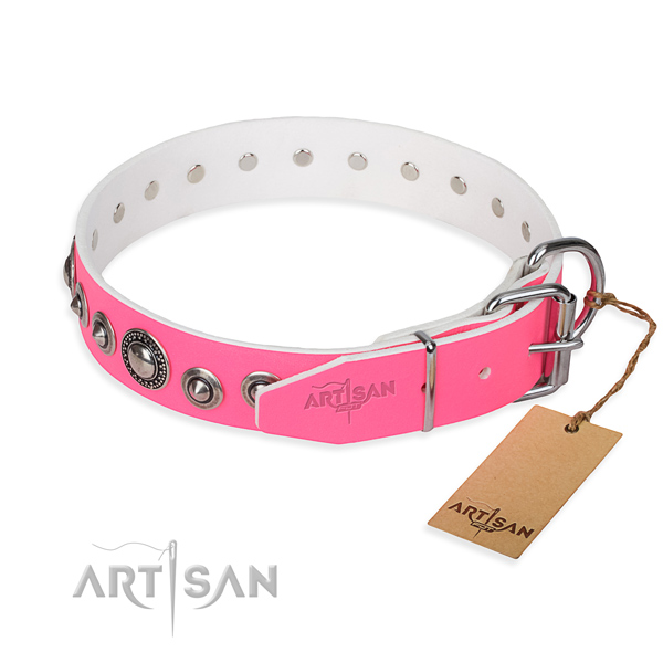 Full grain leather dog collar made of top notch material with corrosion resistant embellishments