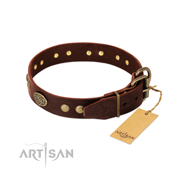 Rust-proof D-ring on full grain natural leather dog collar for your canine