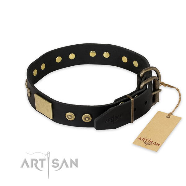 Rust resistant traditional buckle on full grain leather collar for everyday walking your doggie