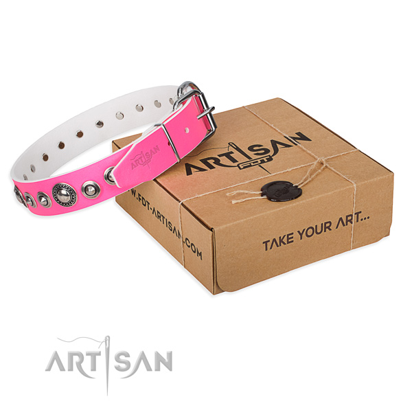 Full grain leather dog collar made of soft to touch material with rust-proof buckle