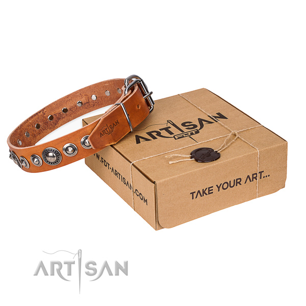 Natural genuine leather dog collar made of high quality material with durable D-ring