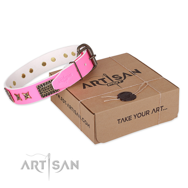 Rust resistant buckle on natural genuine leather collar for your attractive four-legged friend