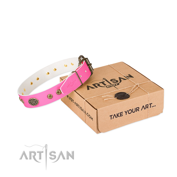 Strong embellishments on full grain genuine leather dog collar for your doggie