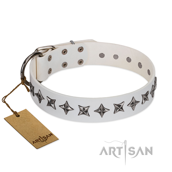 Comfy wearing dog collar of reliable full grain genuine leather with decorations
