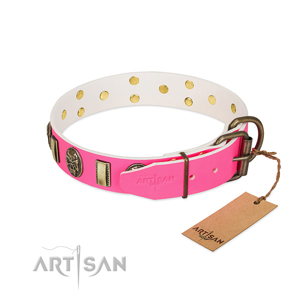 Durable traditional buckle on natural genuine leather dog collar for your pet