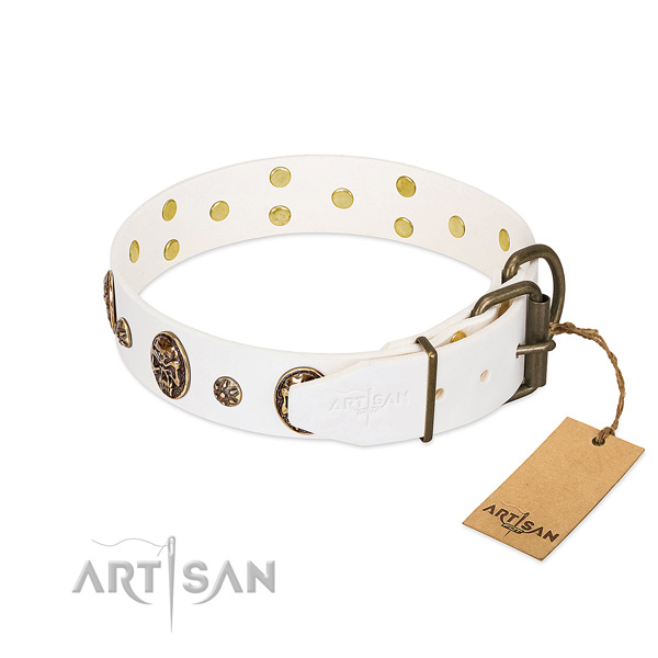 Durable D-ring on genuine leather dog collar for your four-legged friend