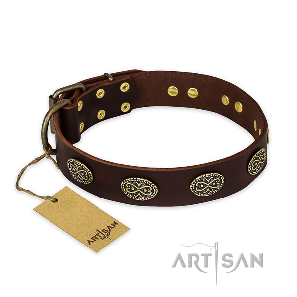 Exquisite genuine leather dog collar with corrosion resistant traditional buckle