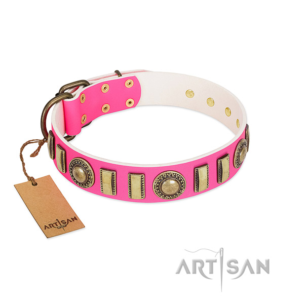 Handcrafted natural leather dog collar with strong D-ring