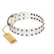"White Night" FDT Artisan White Leather Siberian Husky Collar with Vinatge Silver-like Studs