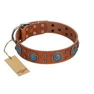 "Blue Sands" FDT Artisan Tan Leather Siberian Husky Collar with Silver-like Studs and Round Conchos with Stones