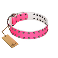 "Pink Fashion" Designer FDT Artisan Pink Leather Siberian Husky Collar with Silver-Like Studs